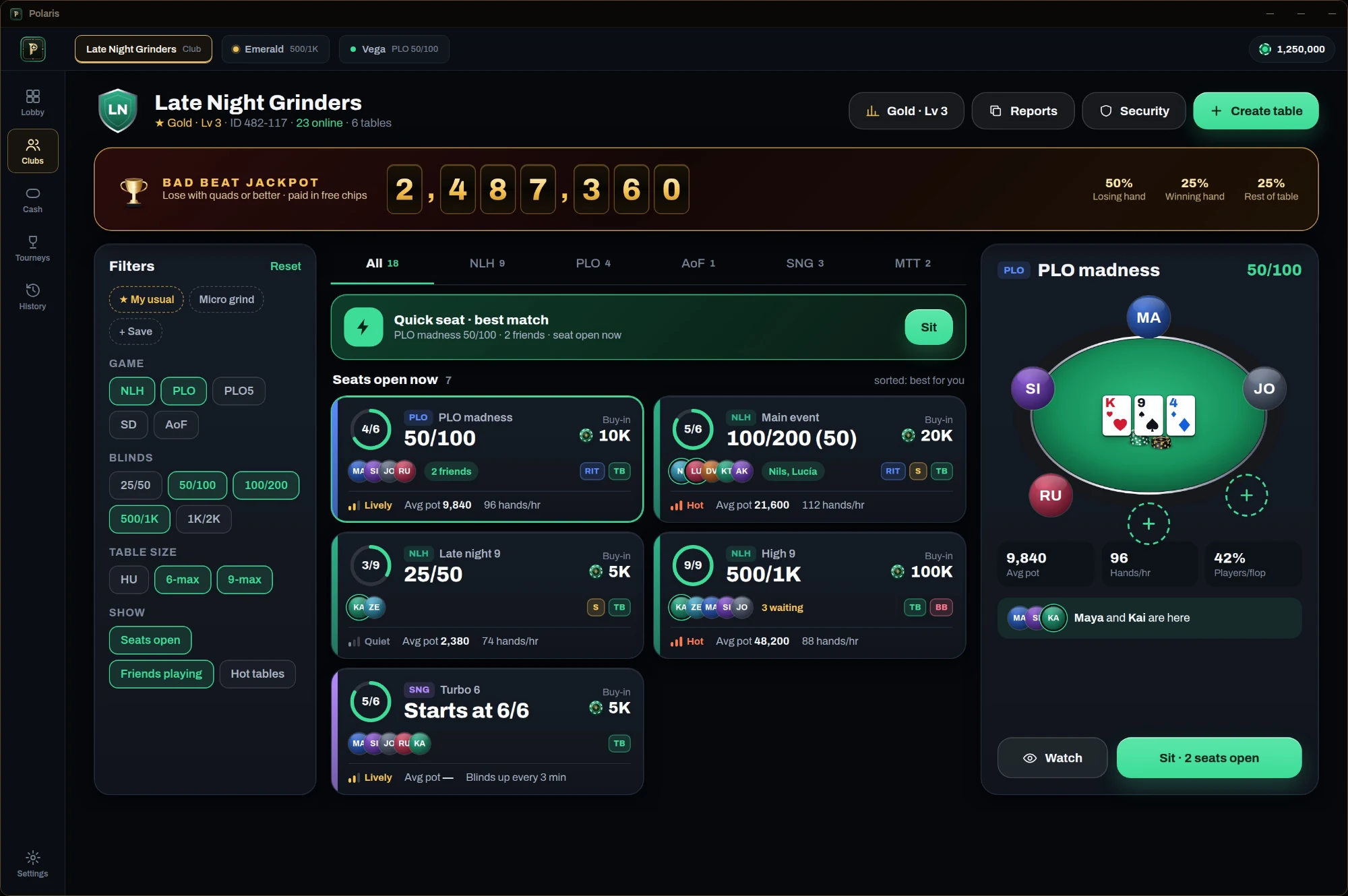 Polaris desktop client showing a club lobby with open table tabs