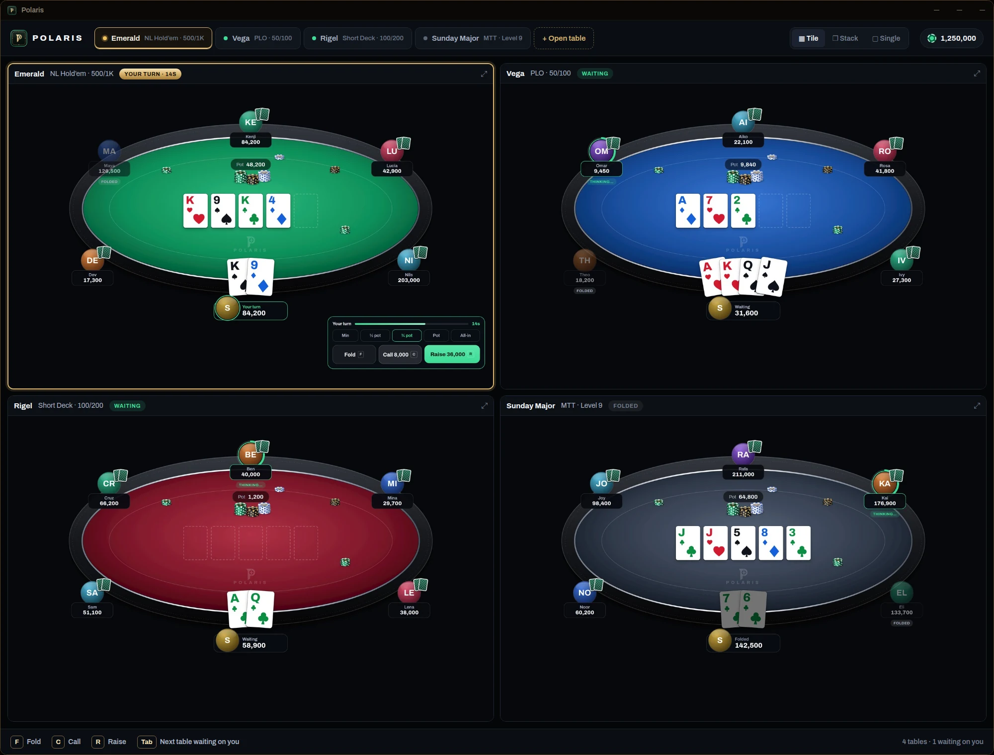 Four Polaris tables open side by side on desktop: Hold’em, Omaha, Short Deck and a tournament, with the table waiting on you outlined in gold